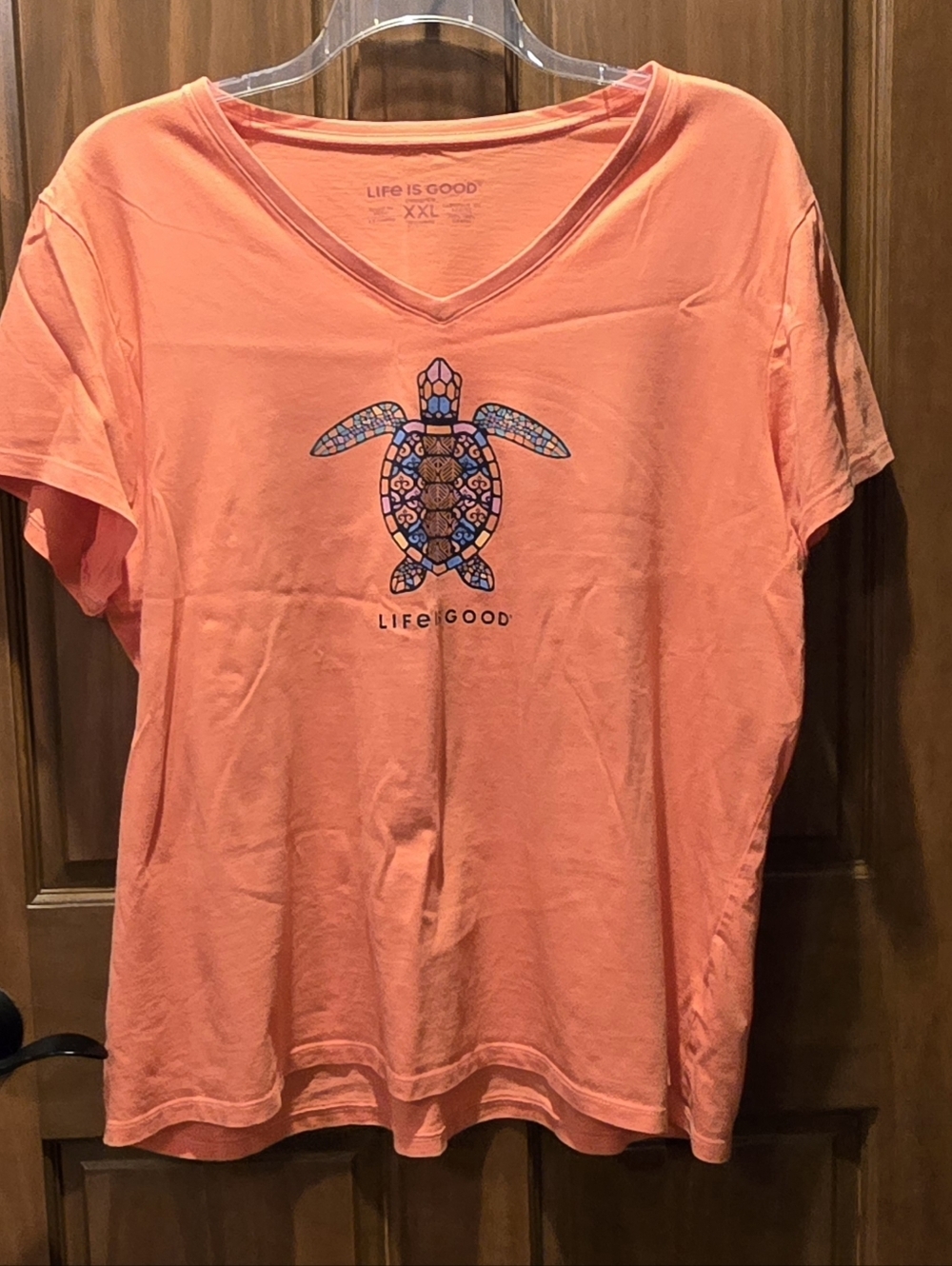 Life Is Good Women's Coral Short Sleeve V-Neck Tee with Turtle Graphic